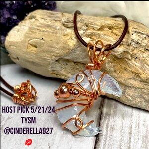 Genuine Opalite Crescent Moon Copper Wrap Leather Cord Boho Style